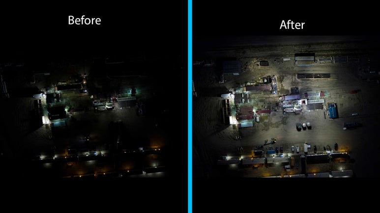 Before and after of LED lighting installed on a Drilling Rig. Supports worker safety, reduces environmental impact & promotes streamlined operations.