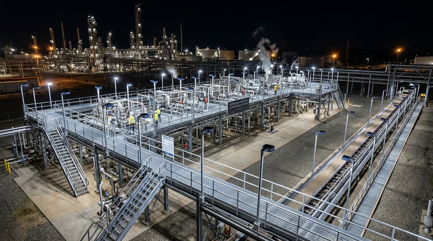 Firefly_Gemini Flash_As a lighting designer, create an application image showing an oil and gas facility a 953722