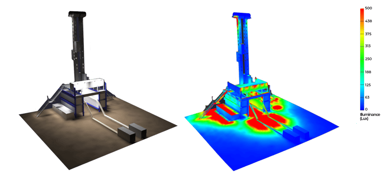 CAD drawing showing light levels on a Drilling Rig site. Operator safety on remote lease sites is a critical lighting priority.